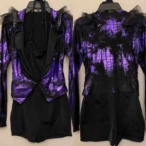 Kelle dance jazz acro costume black purple animal print  vest leotard SA adult